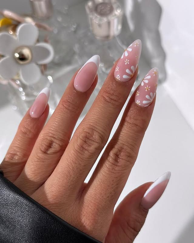 15. Daisy White Tip Almond Nails - white tip nail ideas