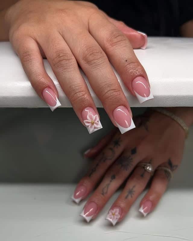 16. 3D Flower White French Square Nails - white tip nail ideas