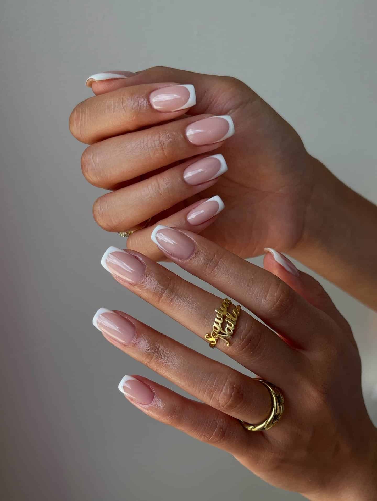 17. Classic Nude Pink White French Square Nails - white tip nail ideas