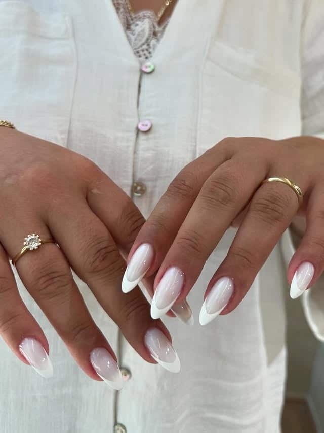 19. Milky White Ombre Almond French Nails - white tip nail ideas