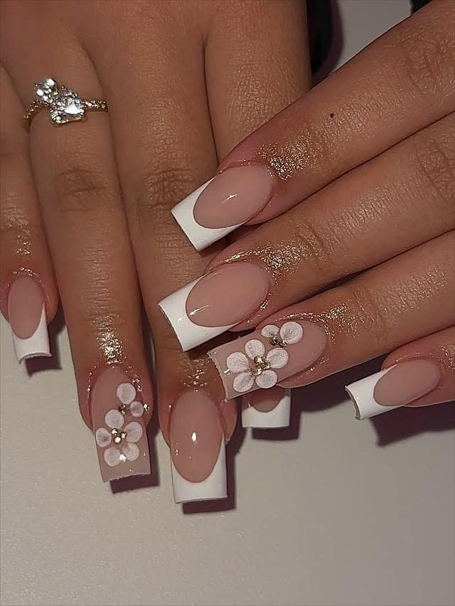 21. 3D Floral White Tip Square Nails - white tip nail ideas