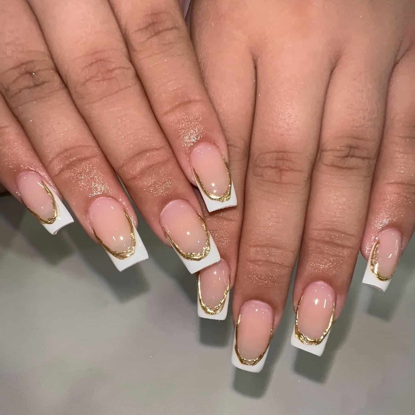 22. Gold Outline White Tip Square Nails - white tip nail ideas