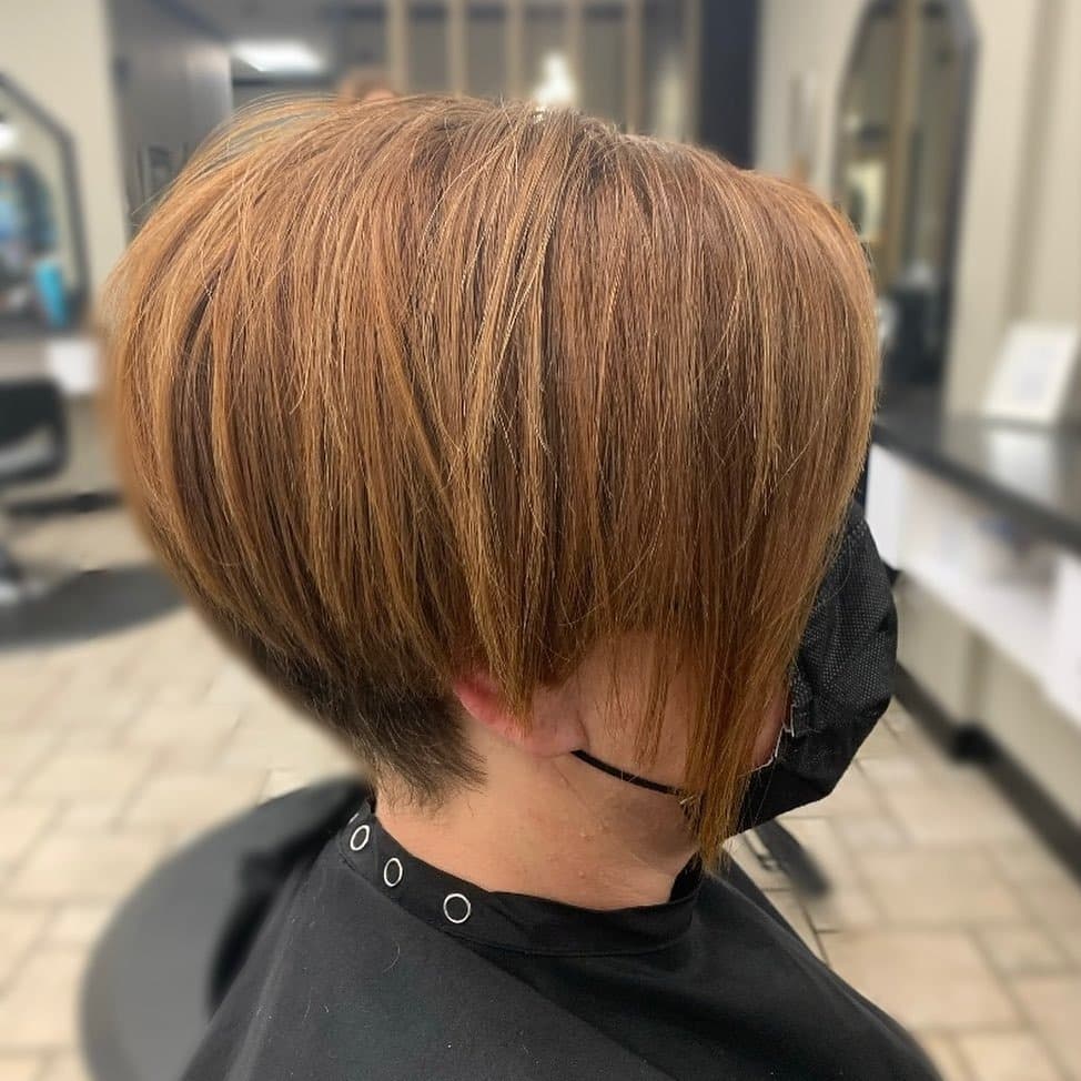 12. Stacked Long Pixie with Golden Caramel Balayage - Long Pixie Cuts