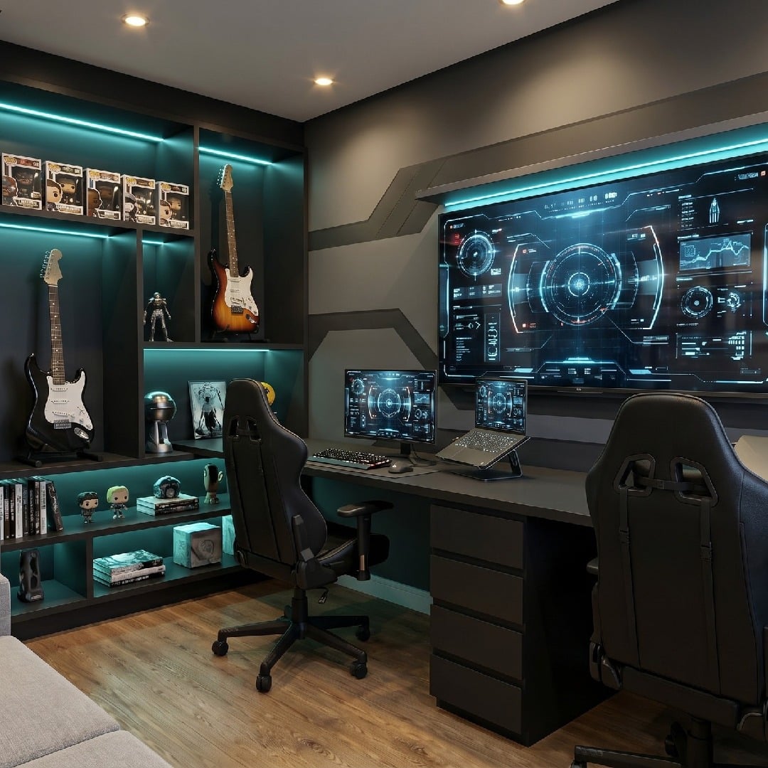 1. Futuristic Charcoal & Teal Command Center Gamer Office - gamer office ideas