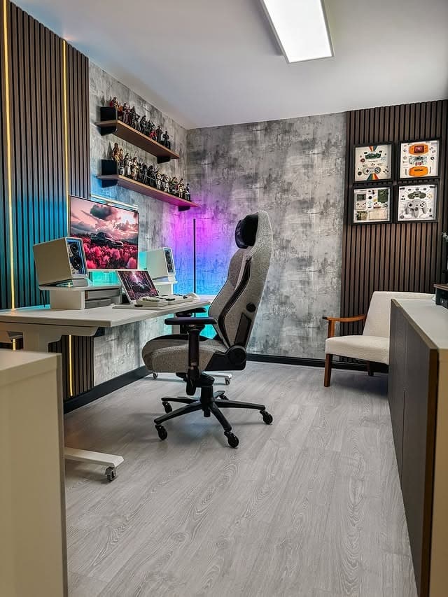 3. Industrial Gray & Wood Accent Gamer Office - gamer office ideas