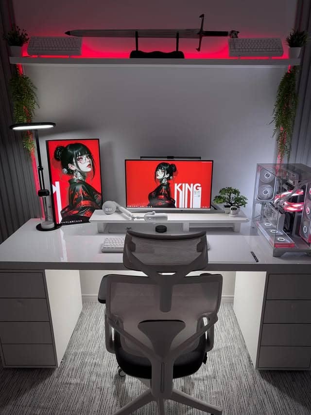 4. Minimalist White & Red Gaming Workspace - gamer office ideas