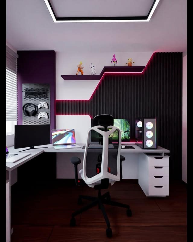 5. Modern Black, White & Magenta Corner Gamer Office - gamer office ideas