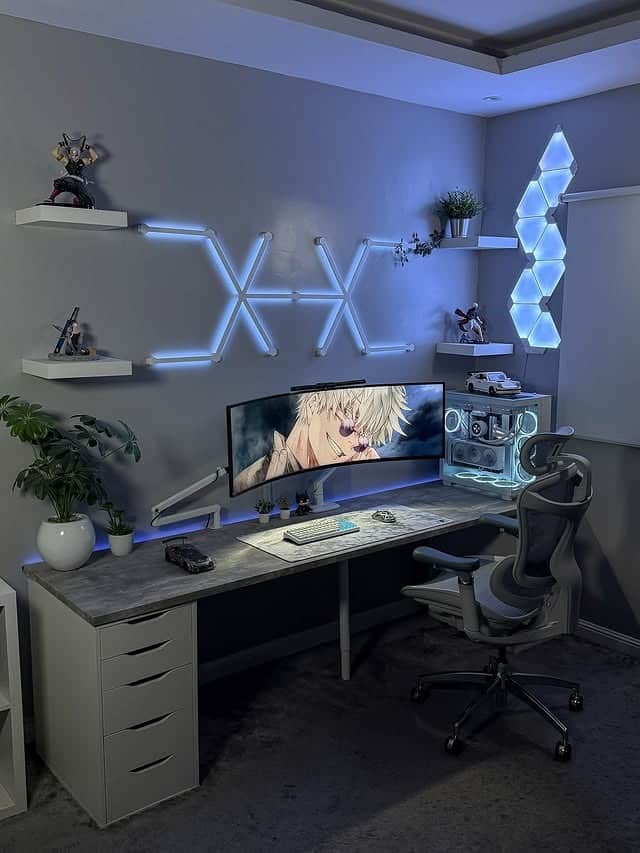 6. Cool Gray & Ice Blue Gamer Retreat - gamer office ideas