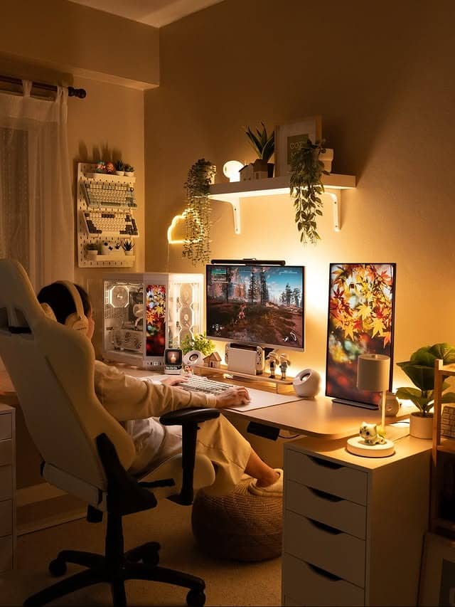 8. Cozy Beige & Warm White Gamer Office - gamer office ideas