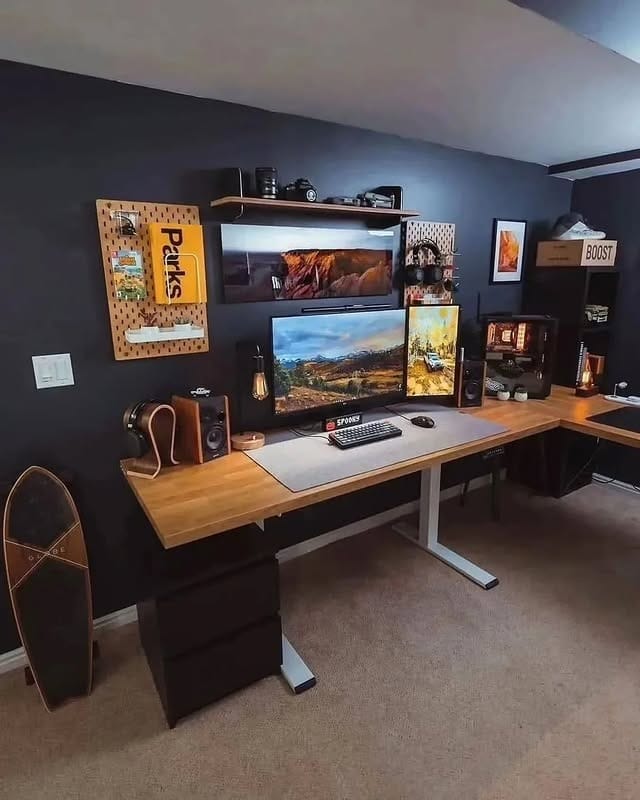 9. Black & Walnut Minimalist Gamer Workspace - gamer office ideas