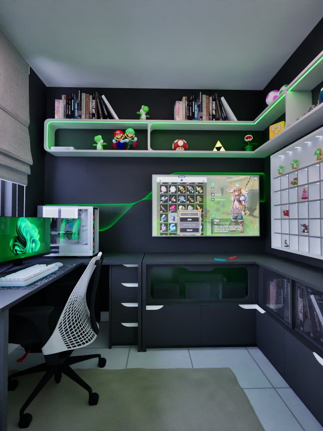 10. Black & Neon Green Gaming Entertainment Room - gamer office ideas