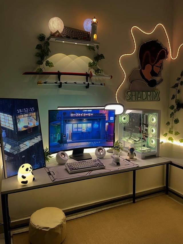 12. Warm White & Sage Cozy Gamer Corner - gamer office ideas
