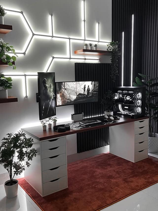 14. Black, White & Graphite Geometric Gamer Office - gamer office ideas