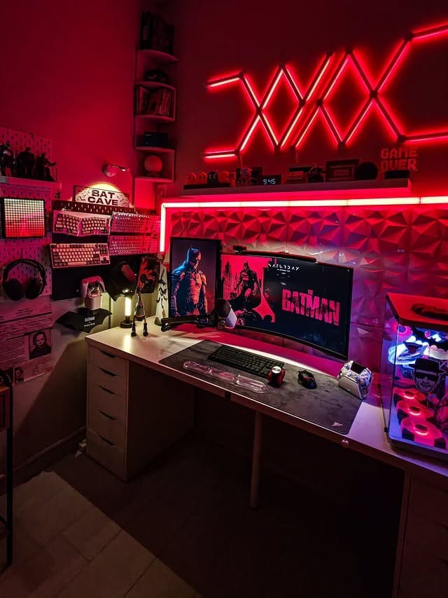 15. Crimson & Black Superhero-Themed Gamer Room - gamer office ideas