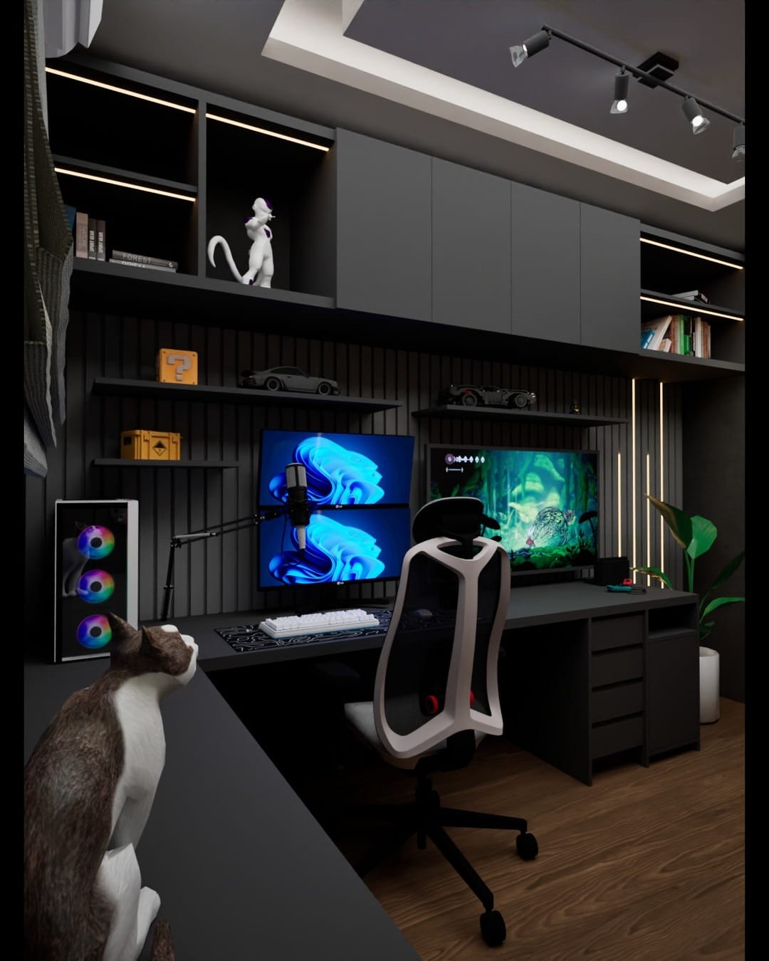 16. Matte Black & Walnut Luxury Gamer Workspace - gamer office ideas