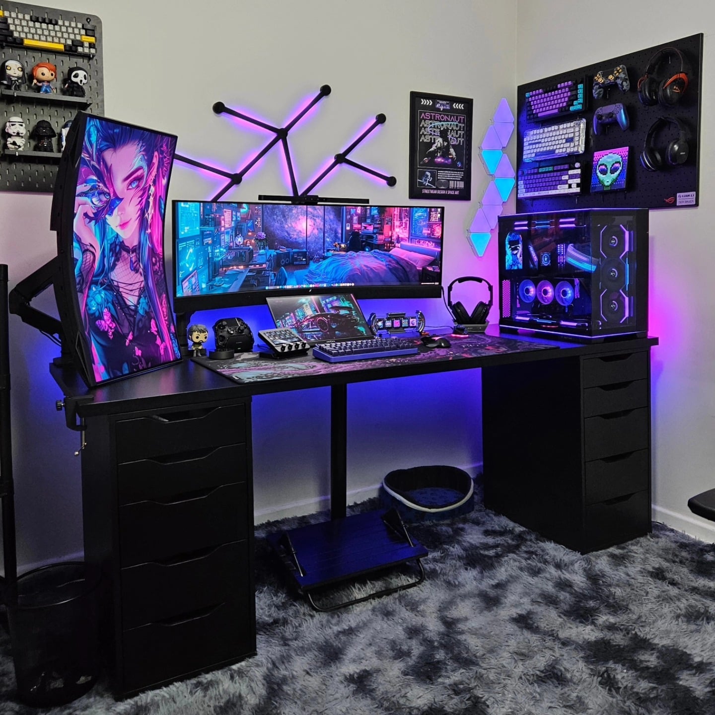 17. Purple & Black Cyberpunk Gamer Setup - gamer office ideas