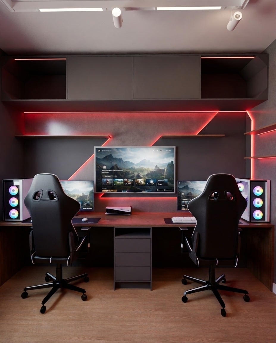 18. Graphite & Red Dual Station Gamer Office - gamer office ideas