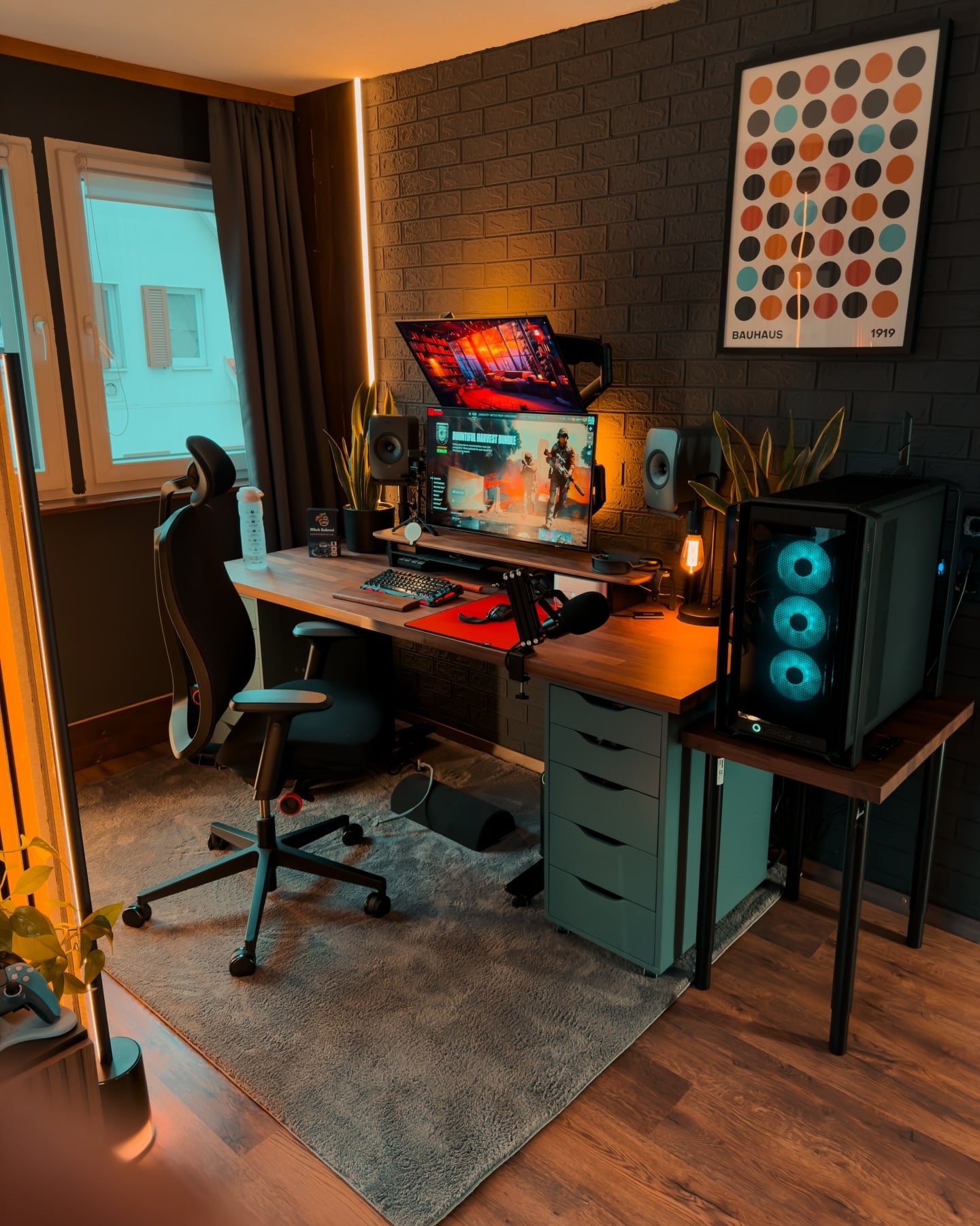 19. Industrial Charcoal & Amber Compact Gamer Office - gamer office ideas
