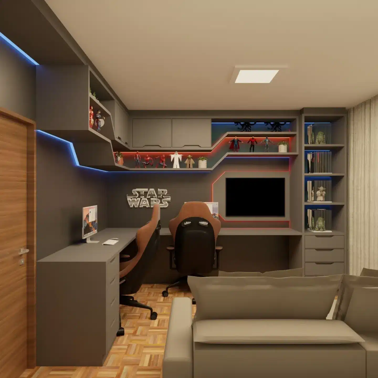 20. Gray & Blue Entertainment Lounge Gamer Office - gamer office ideas