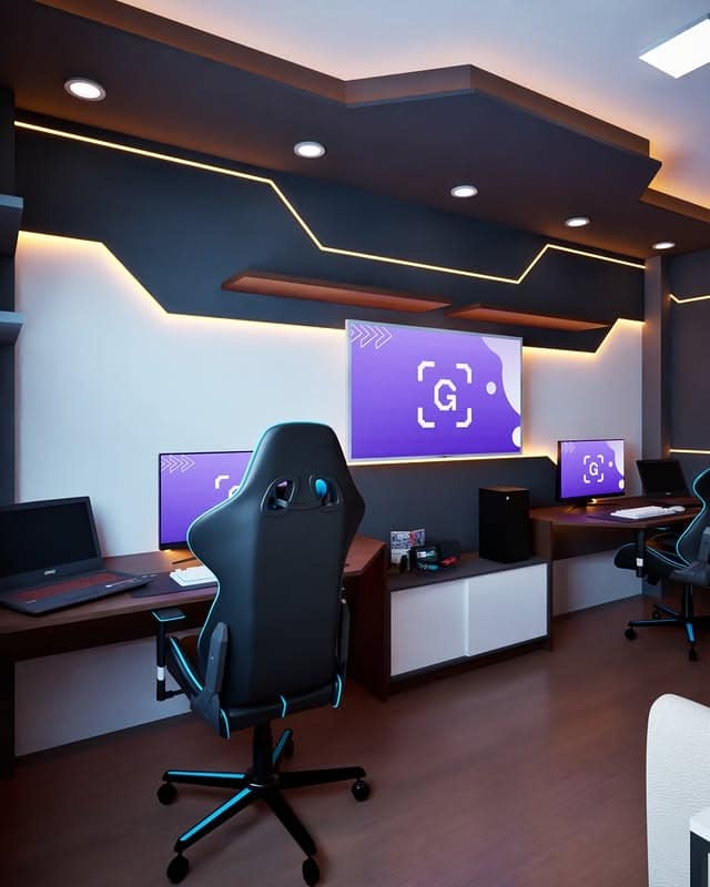 21. Black & White Multi-Station Gamer Office - gamer office ideas