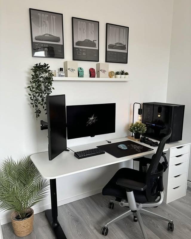 22. Minimalist White & Charcoal Gamer Workspace - gamer office ideas