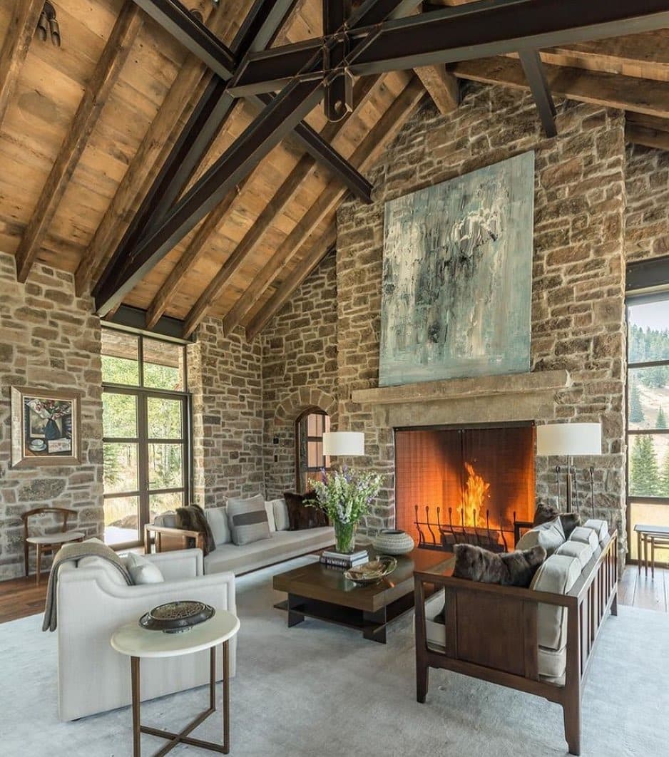 5. Stone Gray and Dark Wood Rustic Great Room - rustic living room ideas
