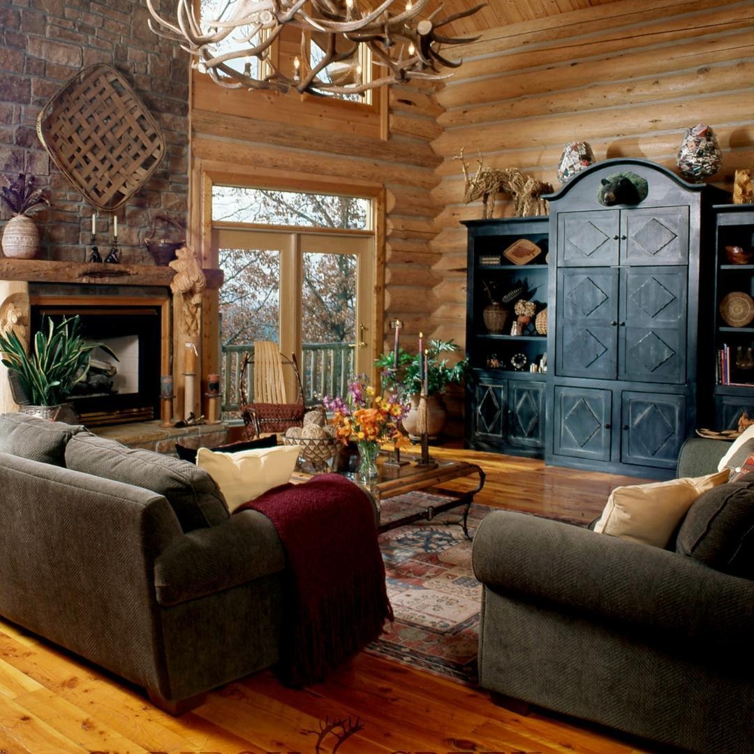 9. Log Cabin Brown and Black Rustic Living Room - rustic living room ideas