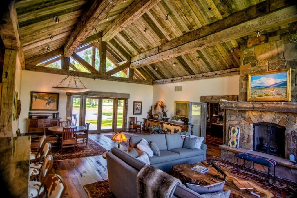 10. Reclaimed Timber and Stone Ranch Living Room - rustic living room ideas