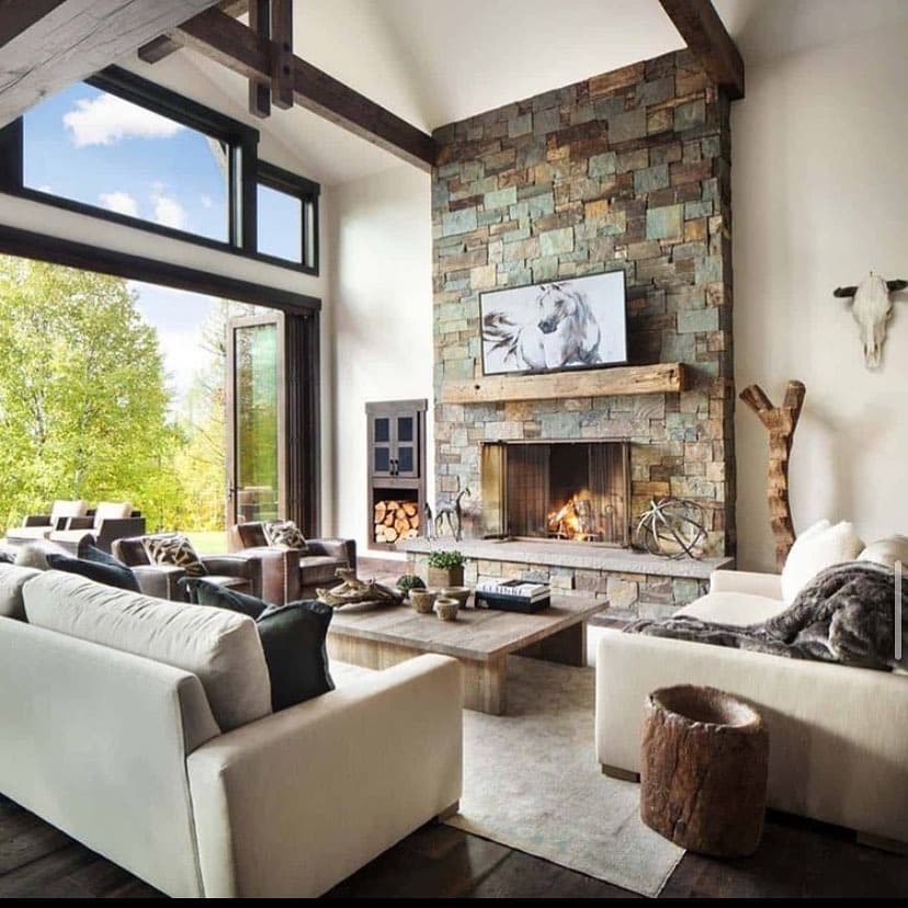 14. Stone Gray and Ivory Rustic Great Room - rustic living room ideas
