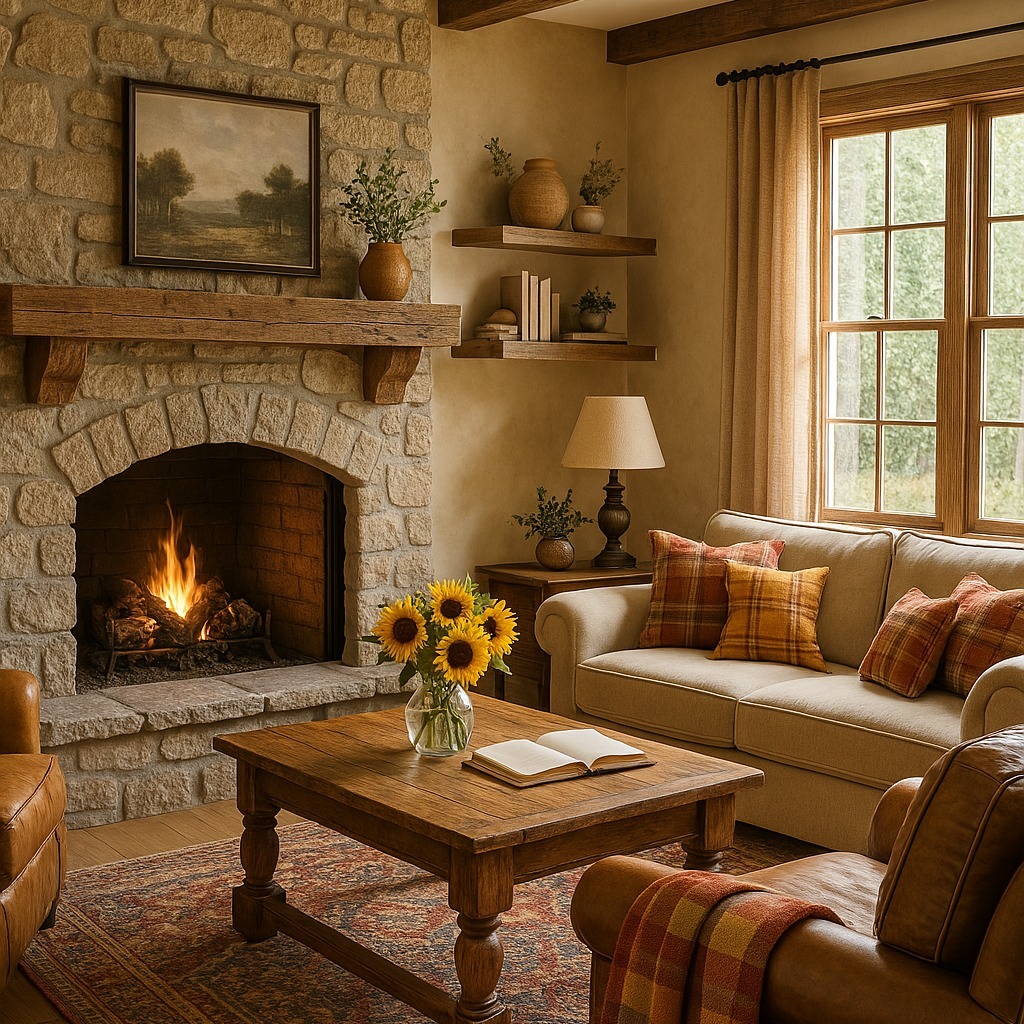 15. Golden Beige and Stone Cottage Rustic Living Room - rustic living room ideas