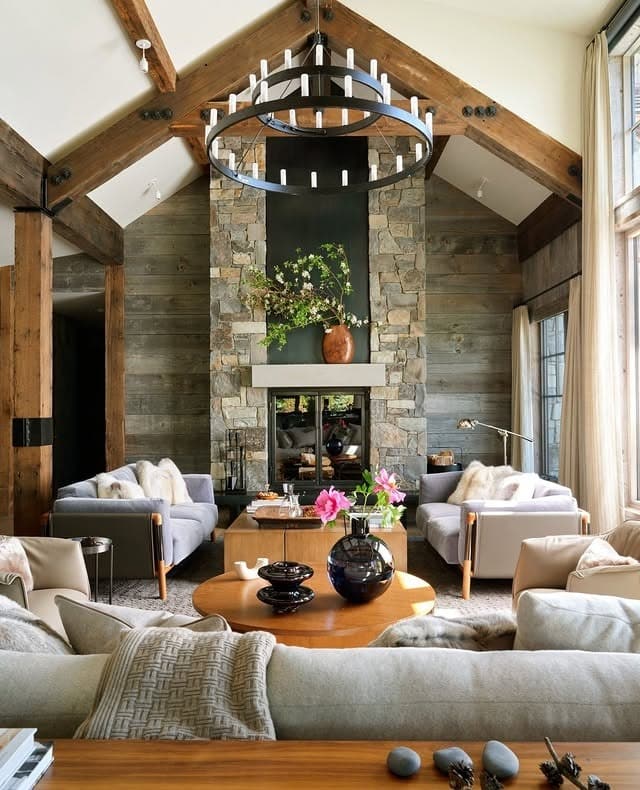 18. Stone and Dark Timber Rustic Lodge Living Room - rustic living room ideas