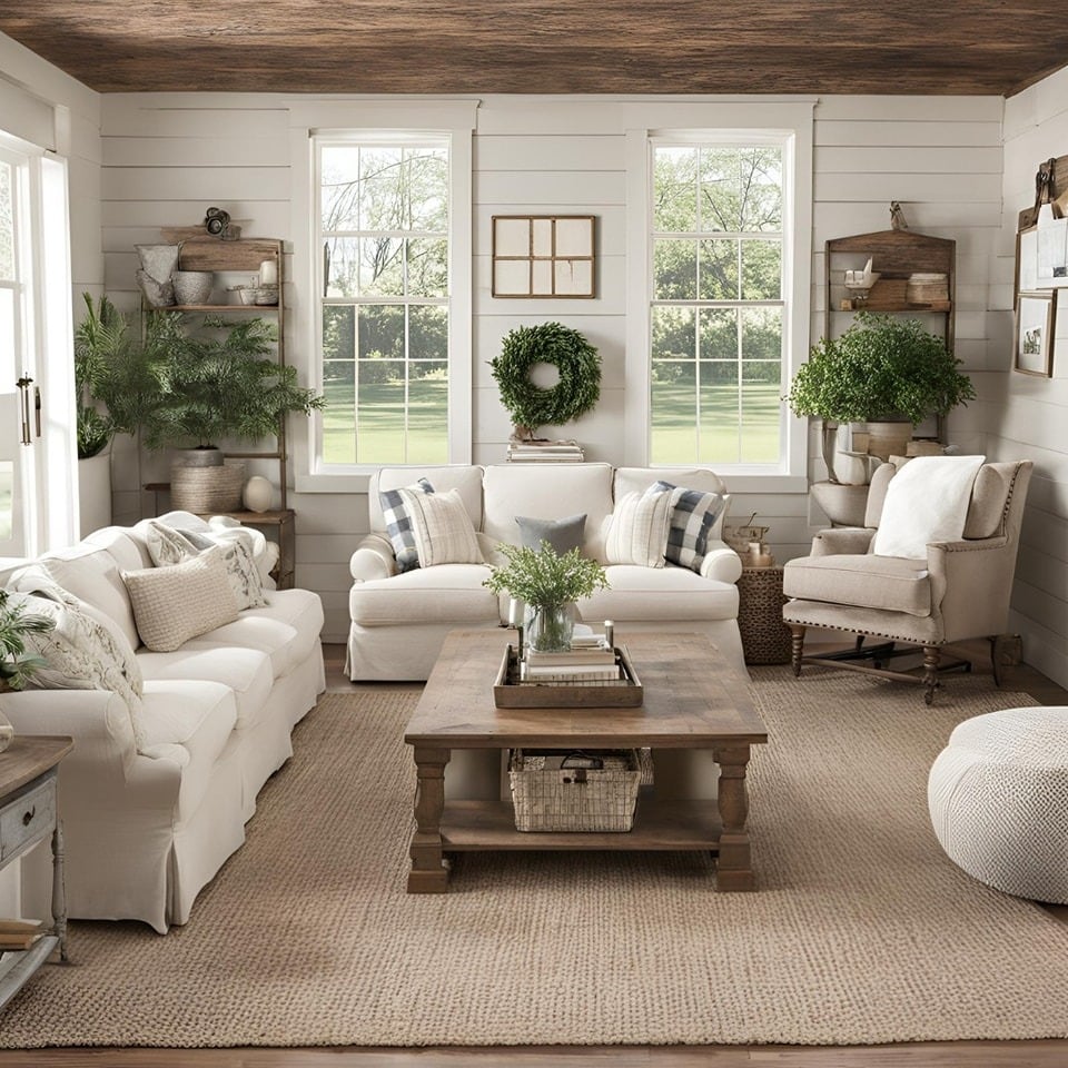 21. Soft White and Natural Wood Farmhouse Rustic Living Room - rustic living room ideas