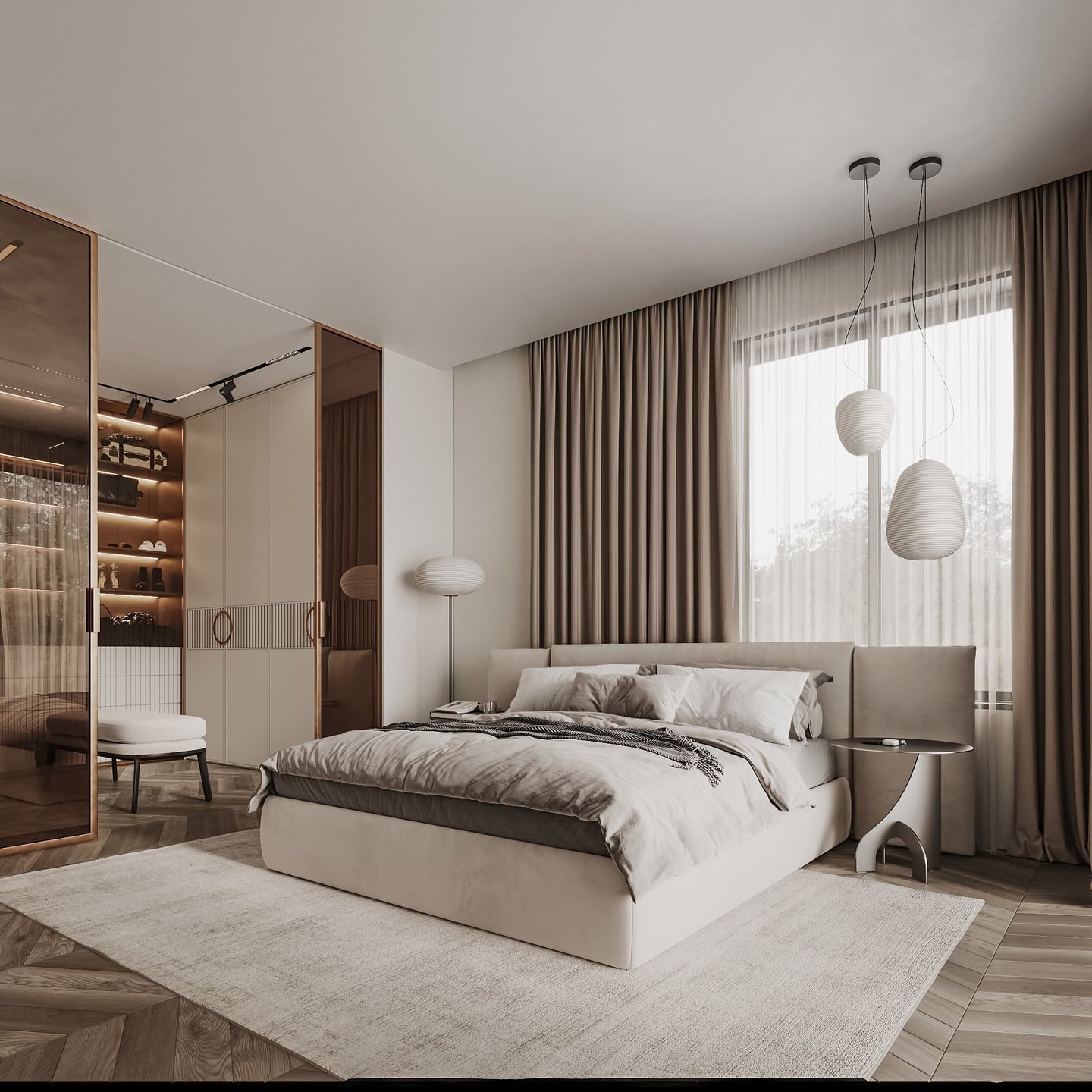 4. Warm Beige and Walnut Contemporary Bedroom - warm bedroom ideas