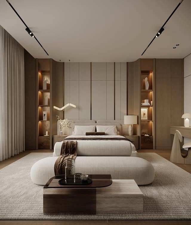 6. Warm Mushroom and Walnut Minimalist Bedroom - warm bedroom ideas
