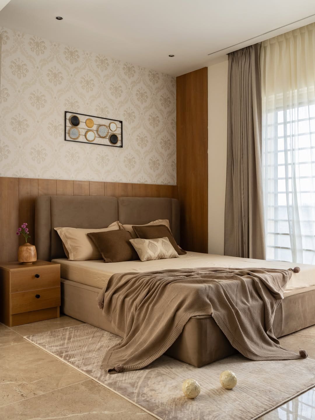 9. Warm Caramel and Sand Upholstered Bedroom - warm bedroom ideas
