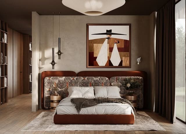 15. Warm Cognac and Sand Artistic Bedroom - warm bedroom ideas