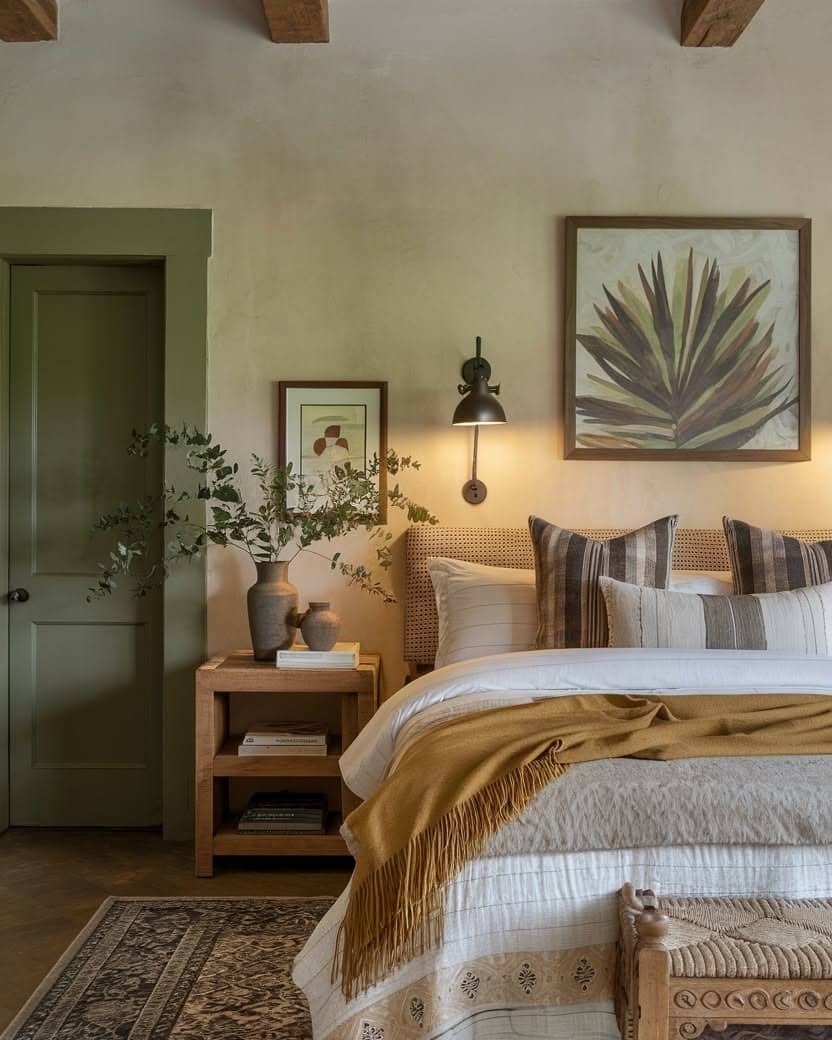 19. Warm Olive and Honey Cottage Bedroom - warm bedroom ideas