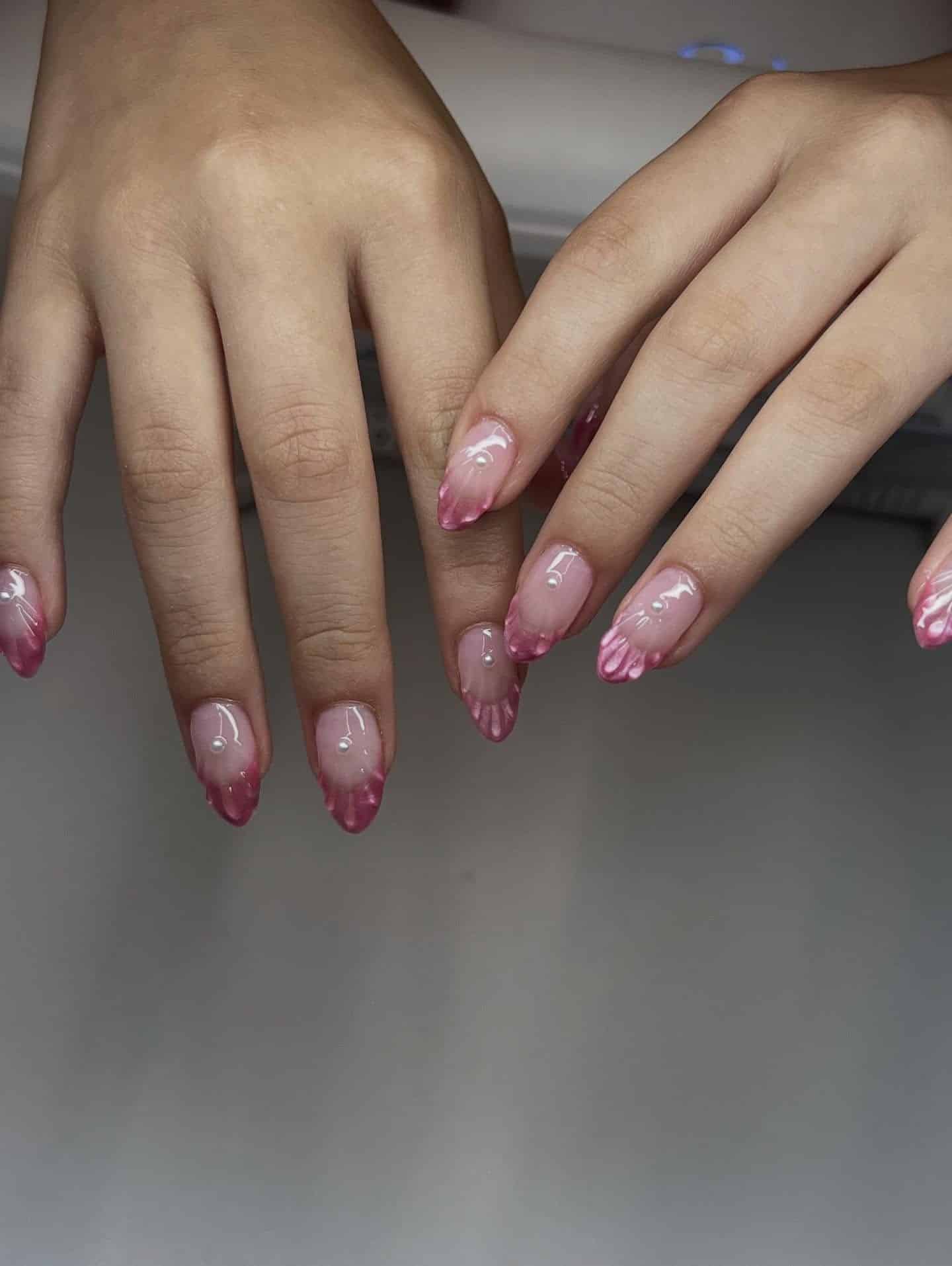 1. Pink Seashell French Tip Almond Nails - beach nail ideas