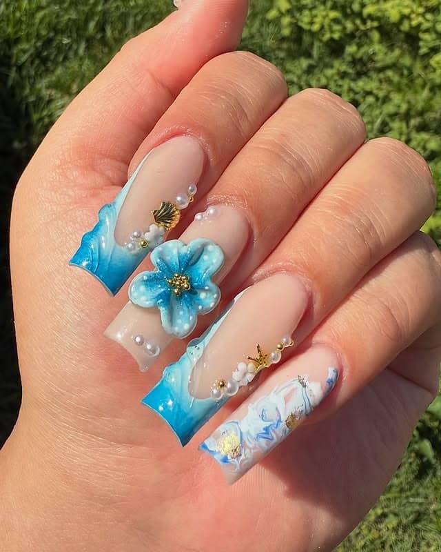 4. Ocean Wave Blue 3D Floral Square Nails - beach nail ideas