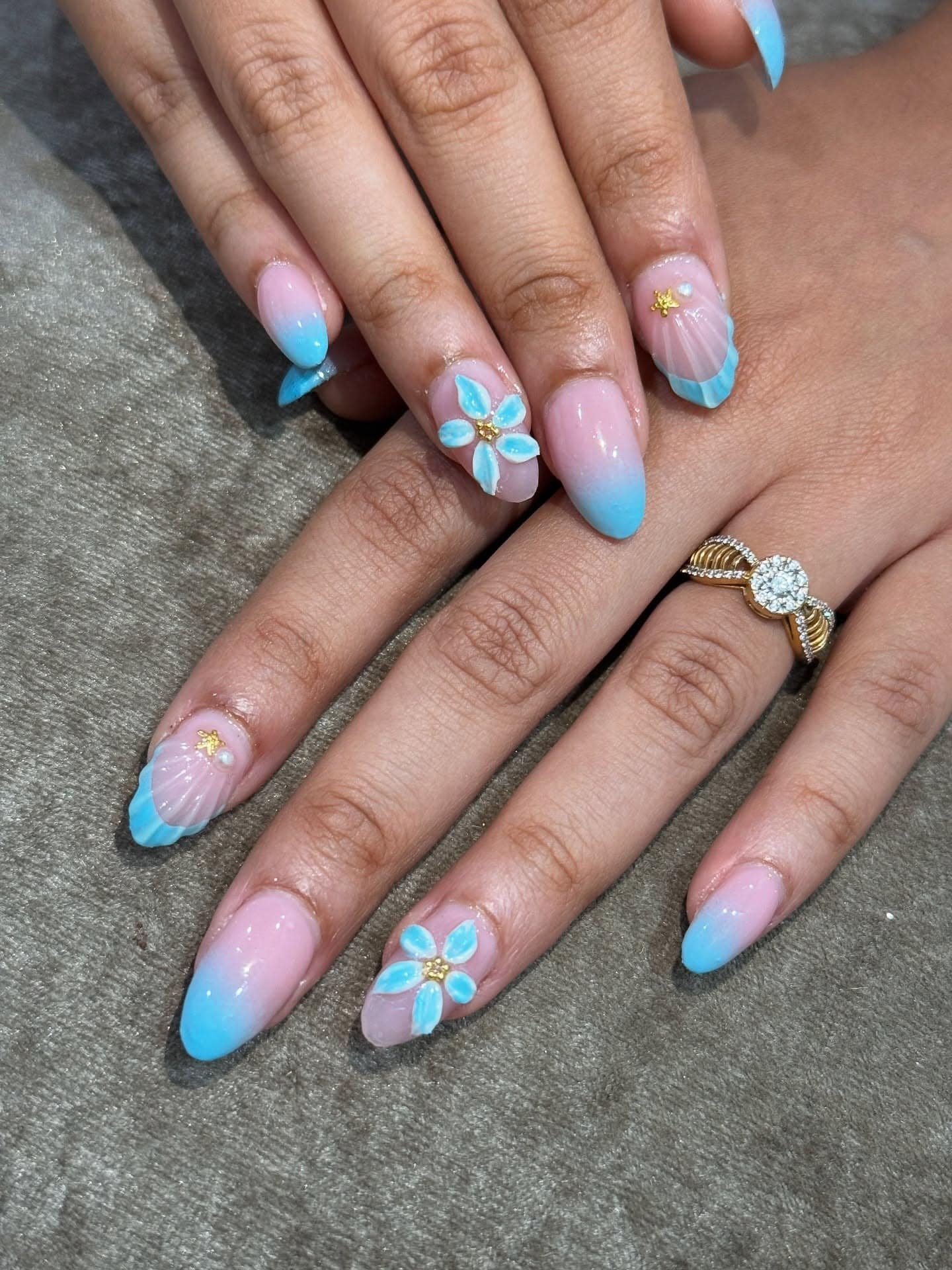 8. Baby Blue Ombre Flower Beach Nails - beach nail ideas