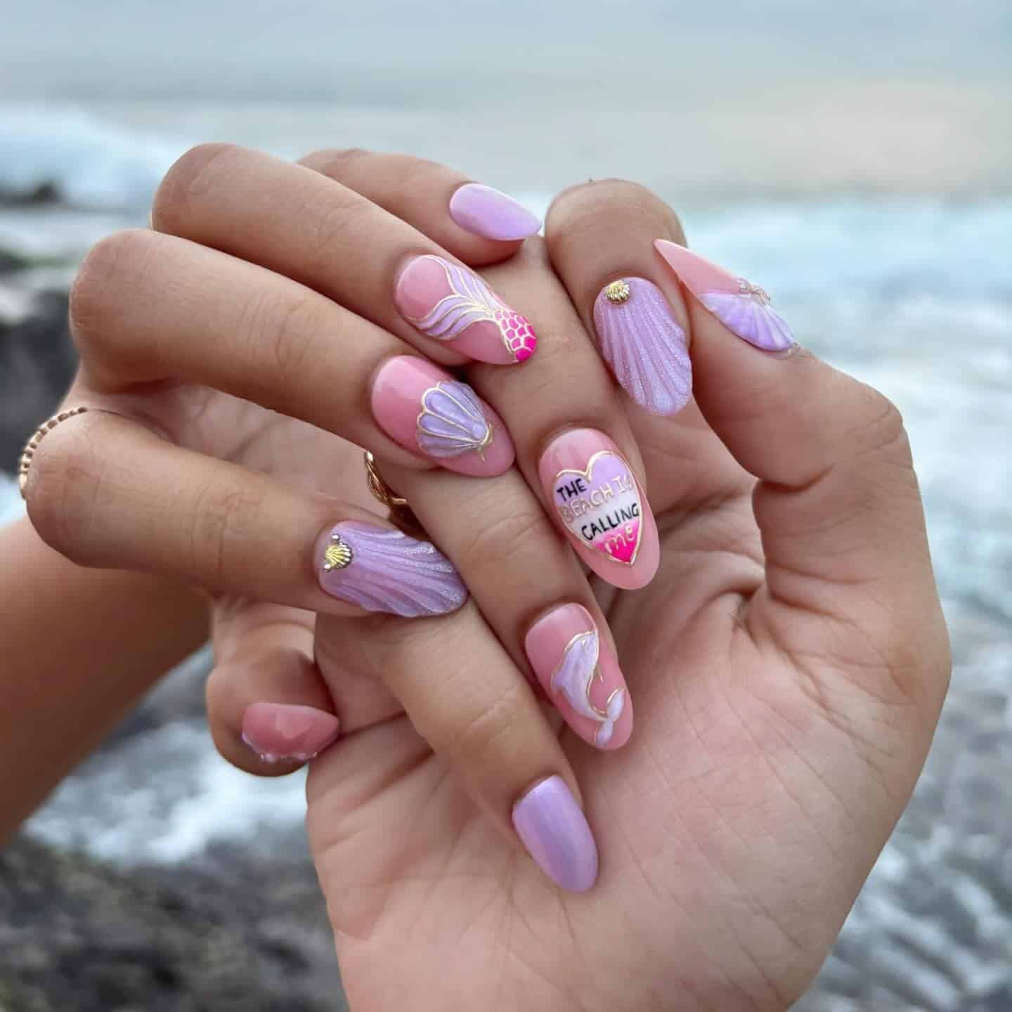14. Pink and Lavender Mermaid Shell Almond Nails - beach nail ideas