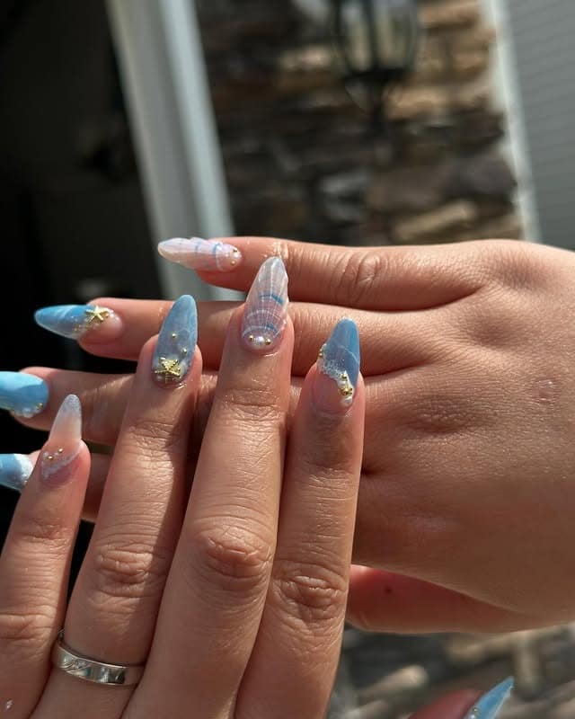 15. Icy Blue Plaid Ocean Almond Nails - beach nail ideas