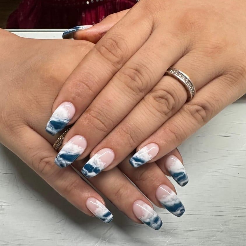 17. Deep Blue Ocean Wave Square Nails - beach nail ideas