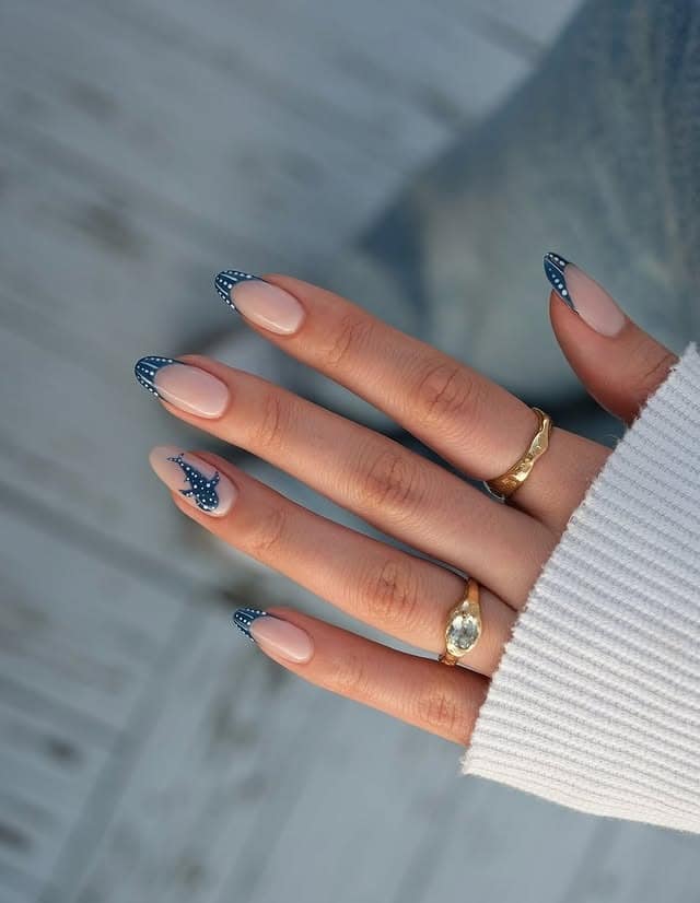 19. Navy Blue Polka Dot French Almond Nails - beach nail ideas