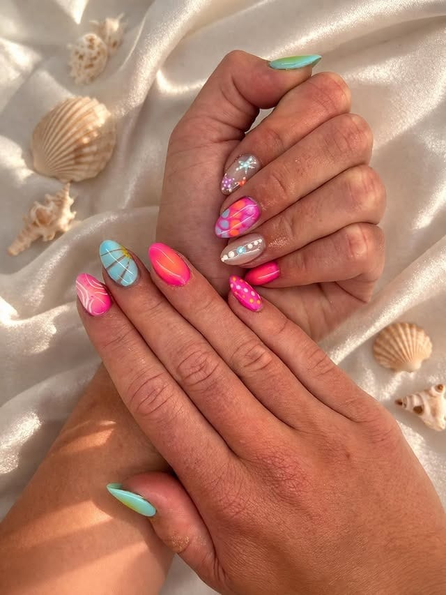 20. Neon Pink and Aqua Tropical Beach Nails - beach nail ideas