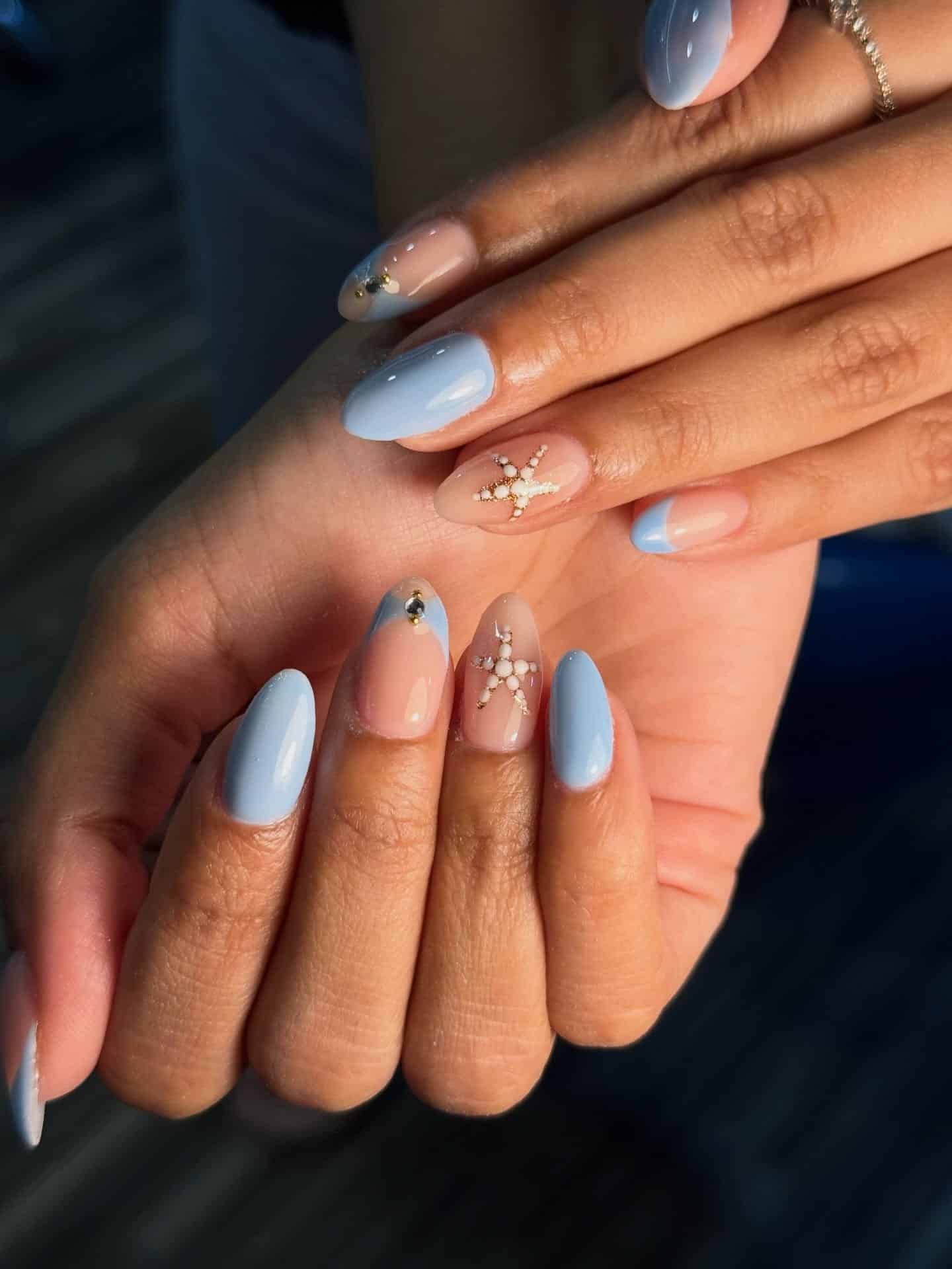 22. Pastel Blue French Tip Starfish Nails - beach nail ideas