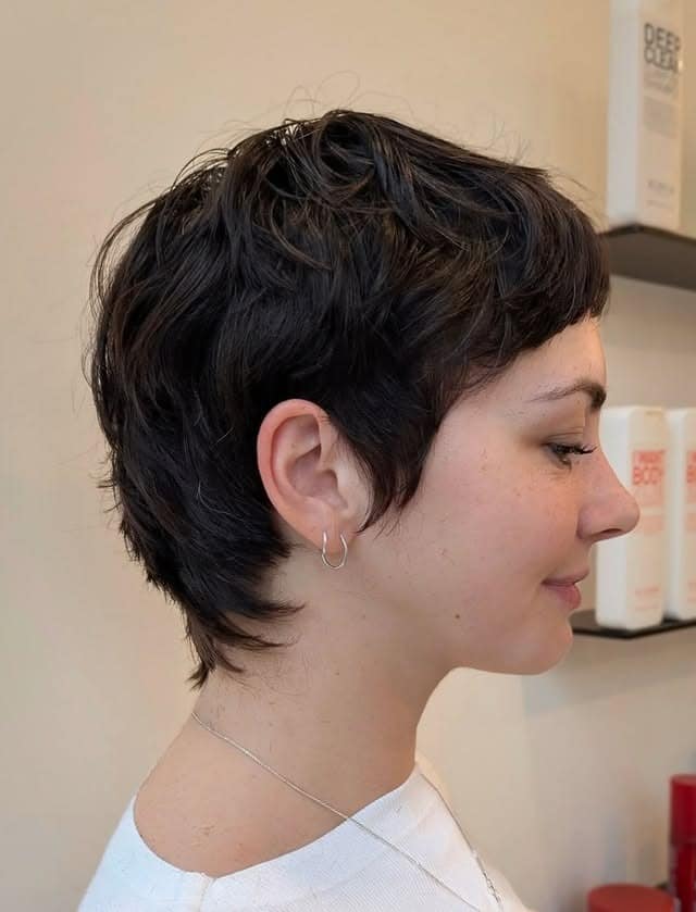 22. Dark Chocolate Textured Pixie Mullet - Pixie Cut For Thin Hair