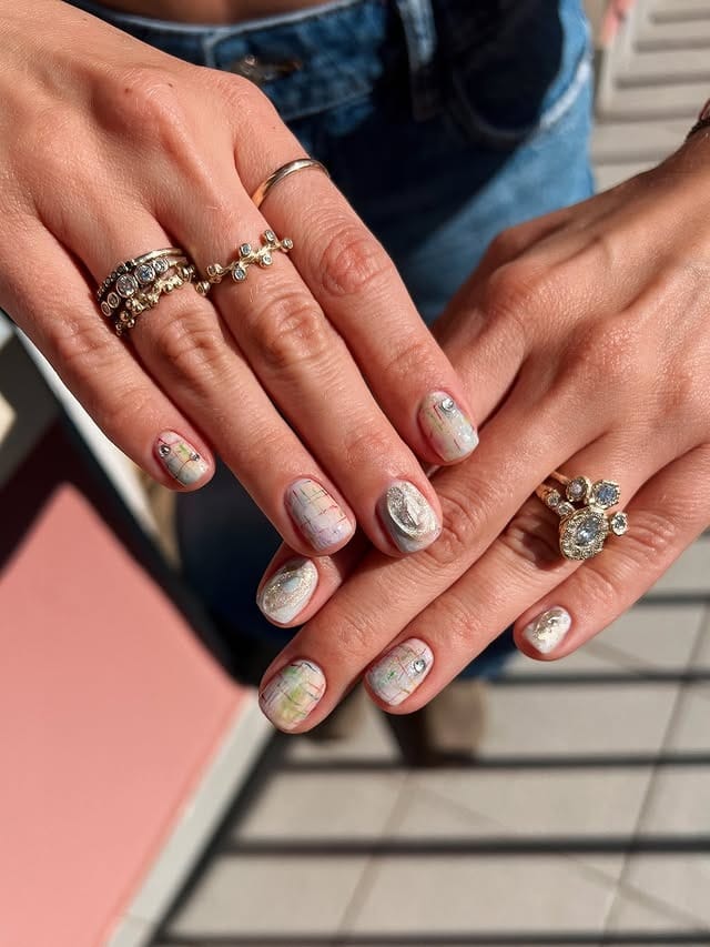 3. Pearl Chrome Plaid Short Nails with Silver Accent Art - holiday nail ideas