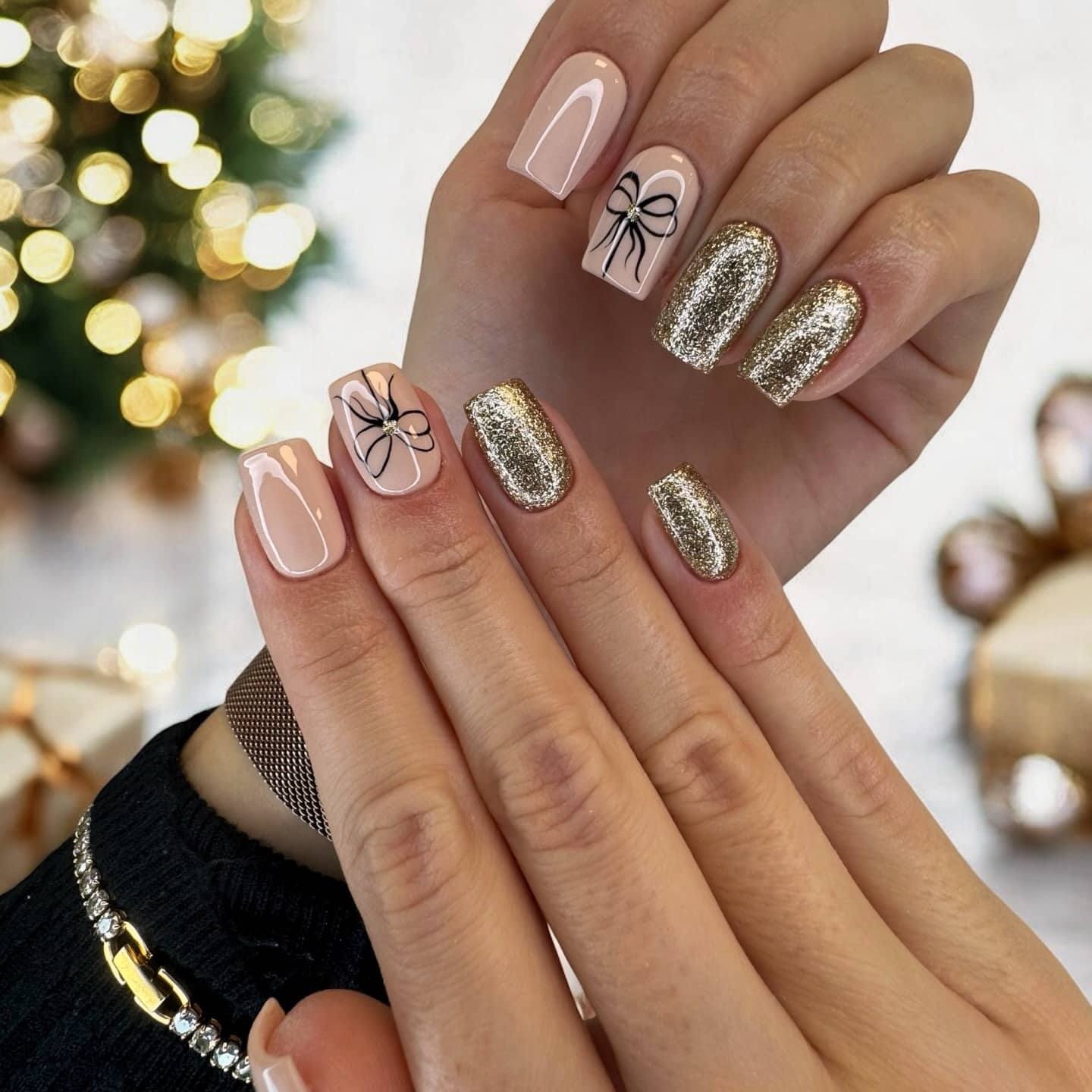 9. Nude and Gold Glitter Square Nails with Bow Art - holiday nail ideas