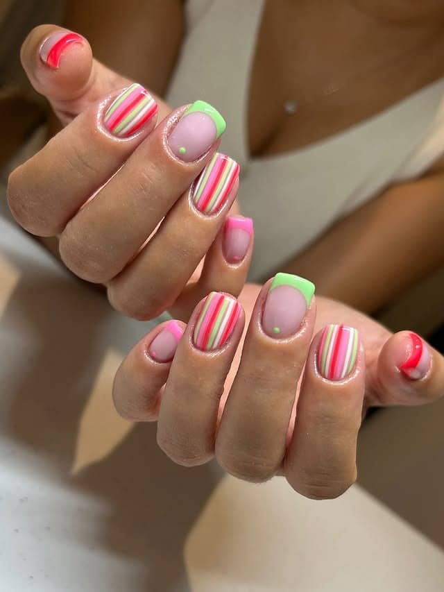 12. Pink and Lime Green French Square Nails with Candy Stripe Art - holiday nail ideas